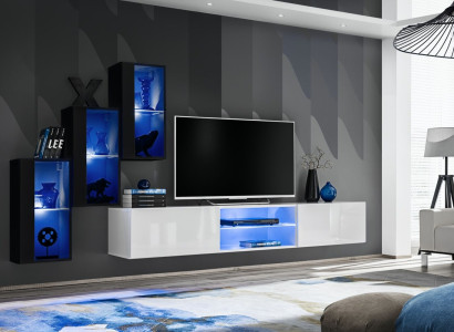 Neu Wohnwand Schwarz 3x Wandschrank Einrichtung TV-Ständer Modern Set